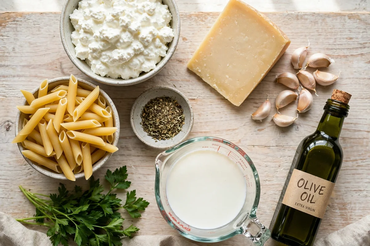 Ingredients for high-protein cottage cheese alfredo pasta laid out flat