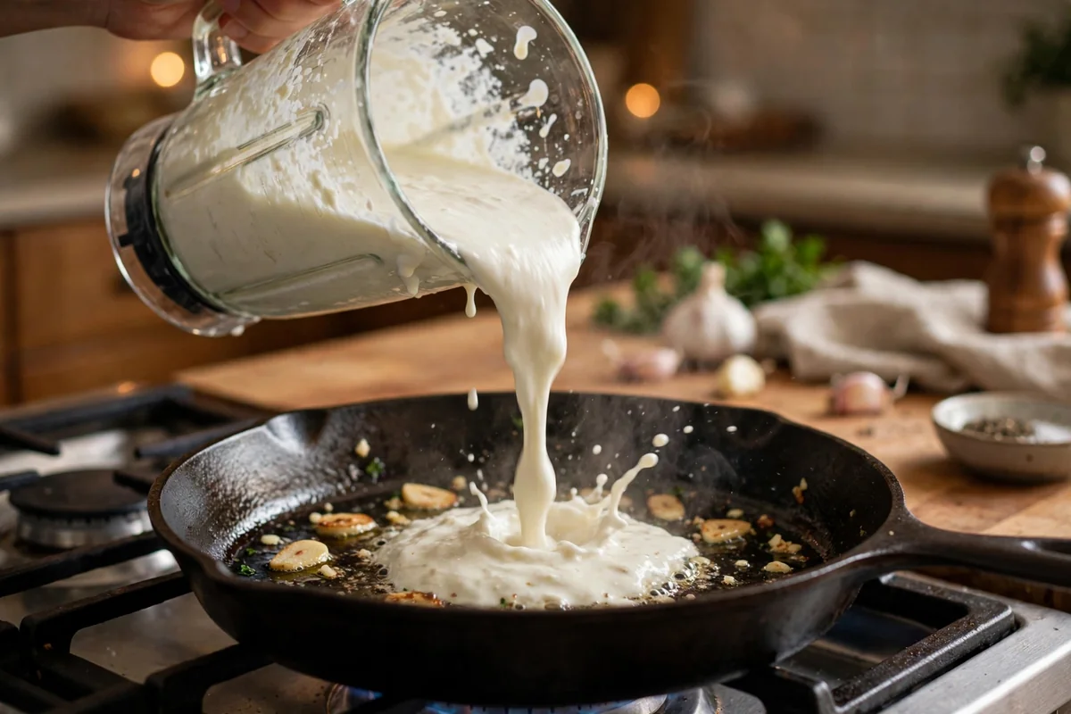 Blending cottage cheese into a smooth alfredo sauce