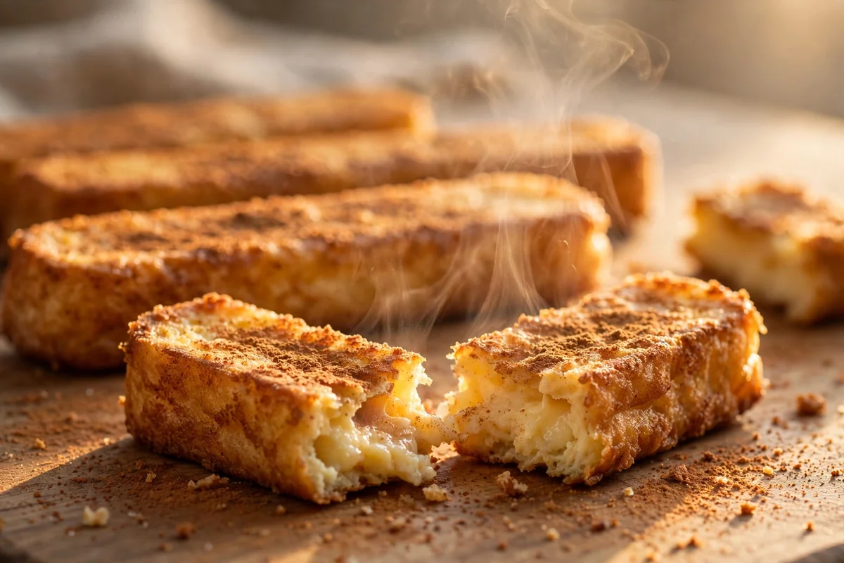 Close-up of crispy air fryer high-protein French toast sticks dusted with cinnamon