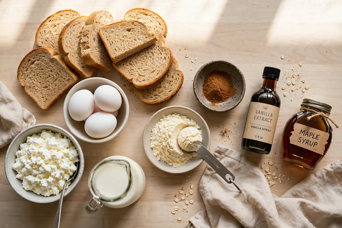 Ingredients for high-protein French toast sticks laid out: bread slices, eggs, cottage cheese, milk, protein powder, cinnamon, and maple syrup