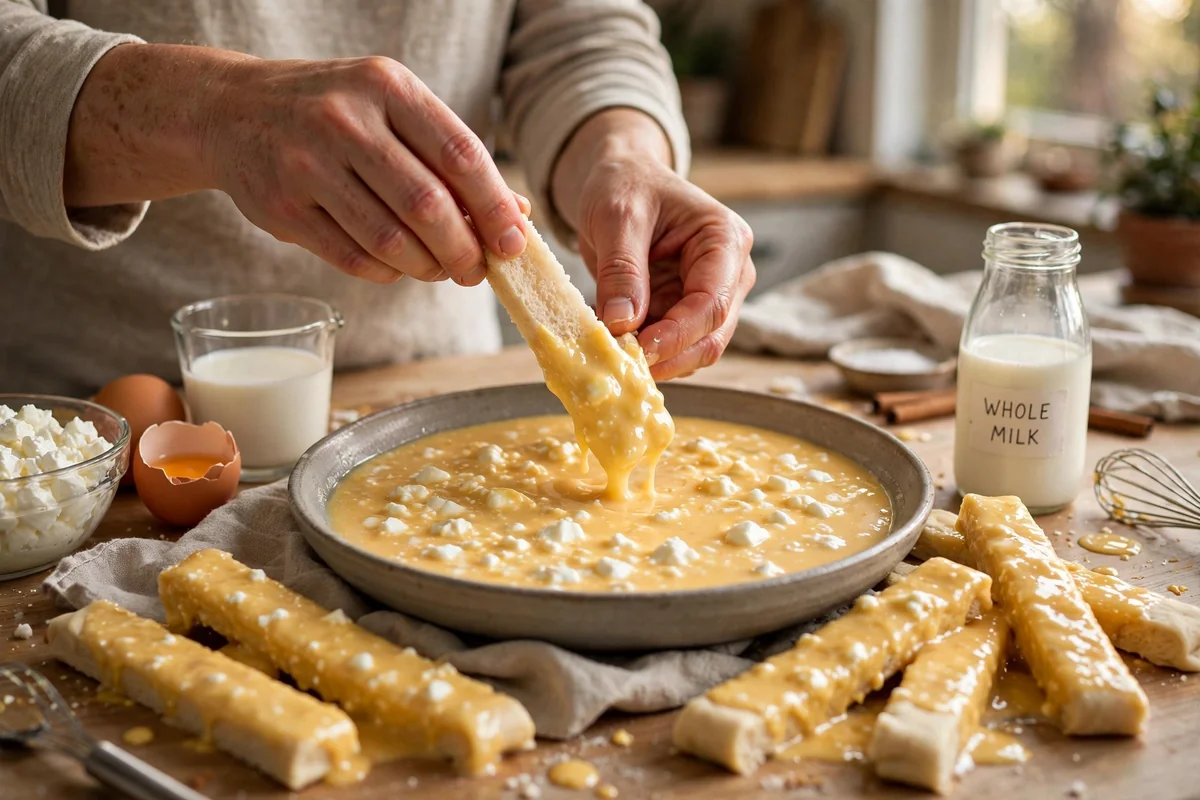 Bread sticks being dipped into a smooth high-protein custard before air frying
