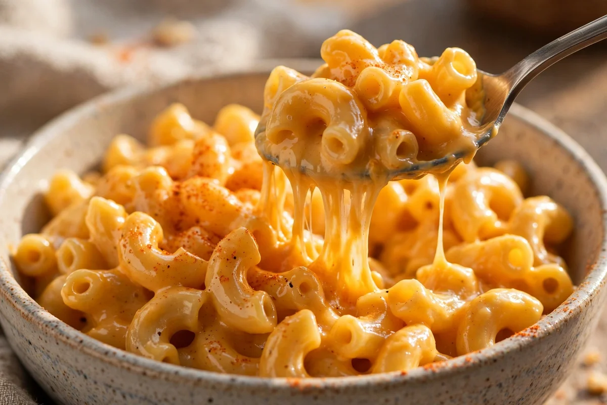 Close-up of creamy mac and cheese with melted cheese pull