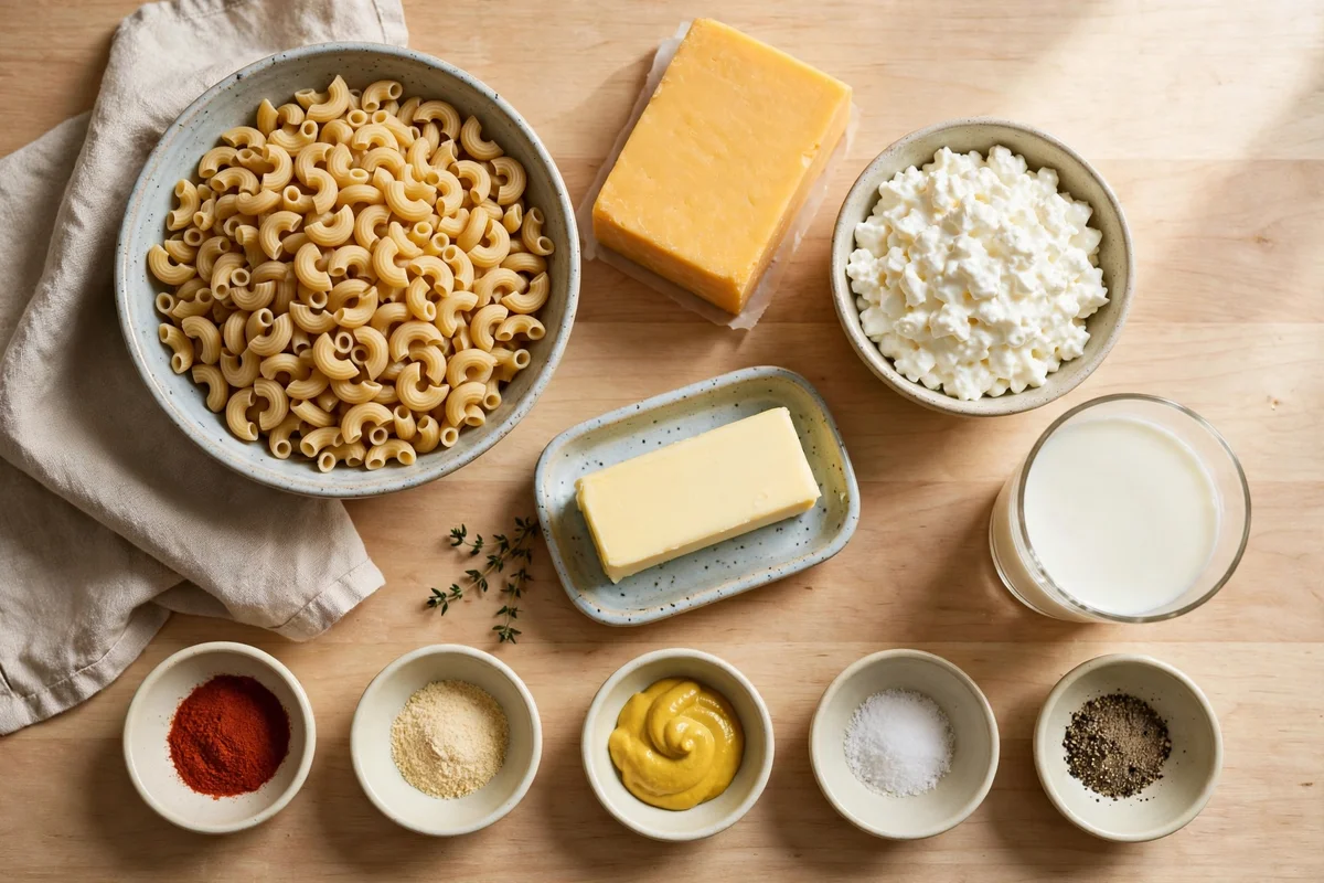 Ingredients for high-protein mac and cheese laid out on a counter