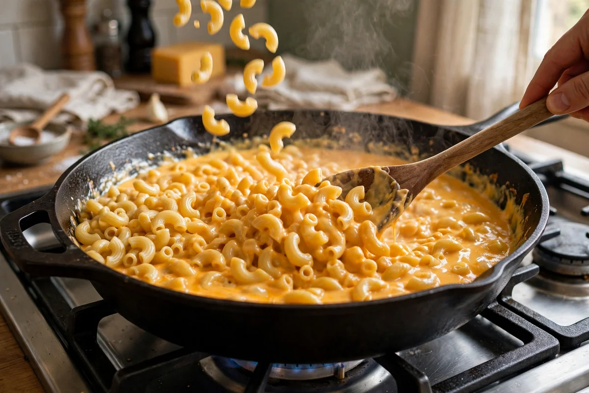 Stirring creamy cheese sauce with macaroni in a skillet