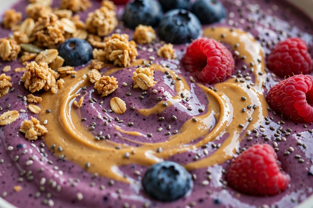 Close-up of a high-protein smoothie bowl showing the thick creamy base with defined swirls, granola clusters, and fresh berries on top
