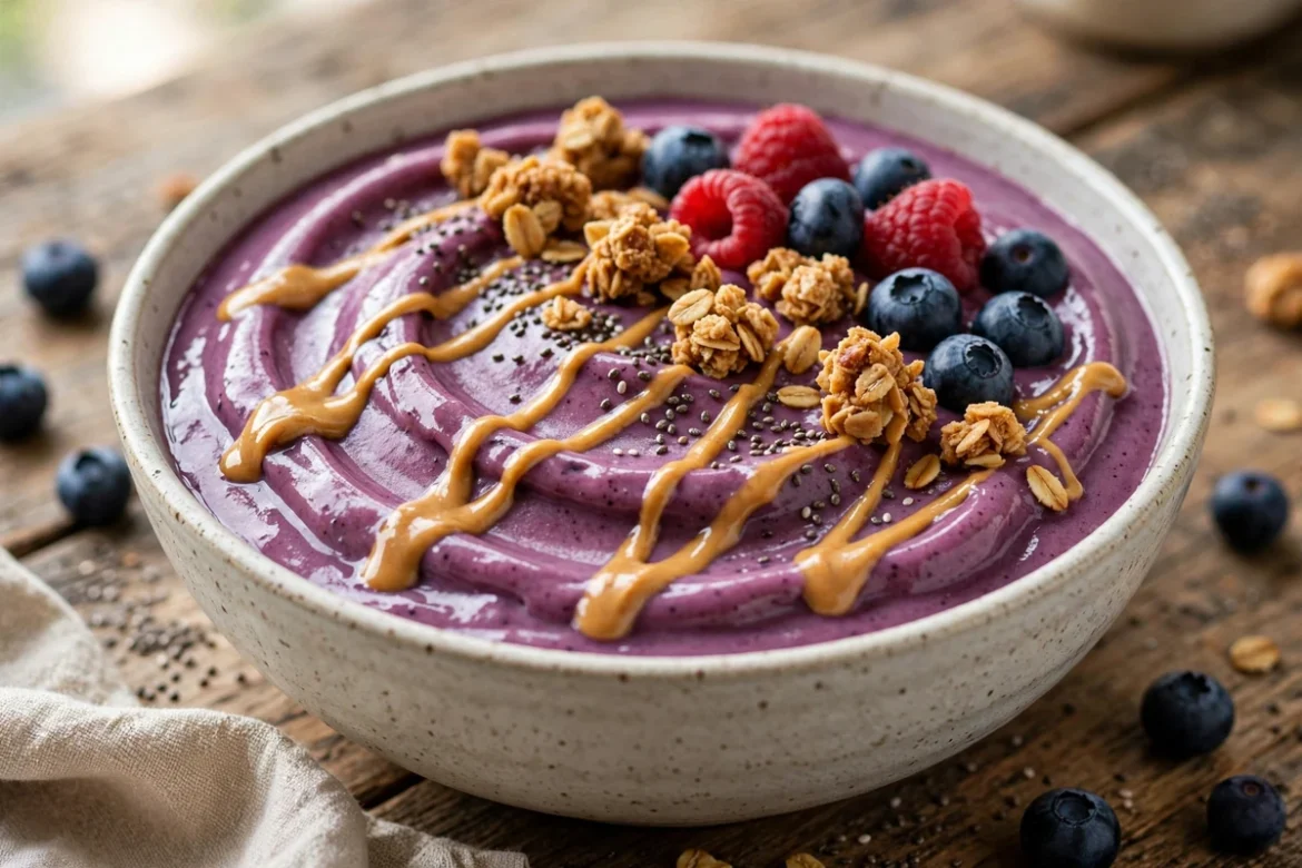 High-protein smoothie bowl in a wide bowl, thick purple-berry blend topped with granola, peanut butter drizzle, fresh berries, and chia seeds