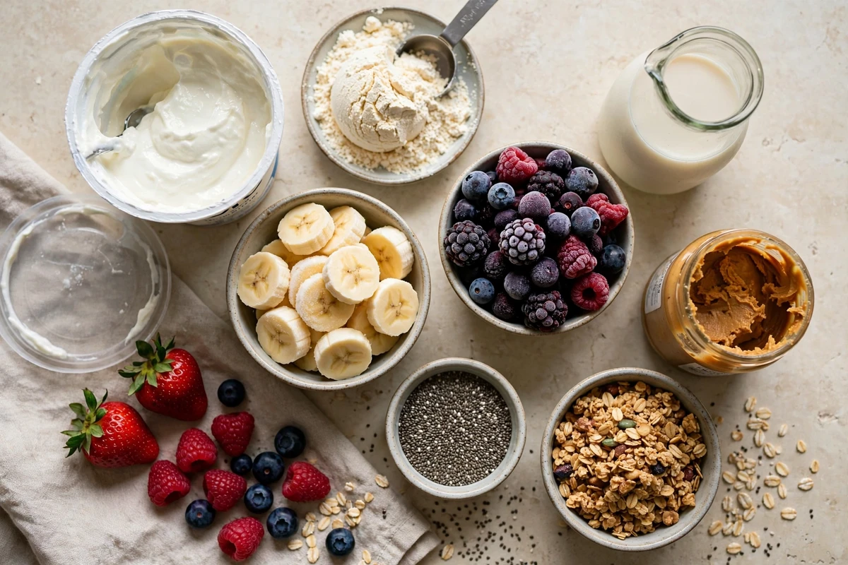 Smoothie bowl ingredients arranged on a kitchen counter: Greek yogurt tub, protein powder scoop, frozen banana slices, frozen berries, almond milk, peanut butter jar, chia seeds, granola, and fresh berries