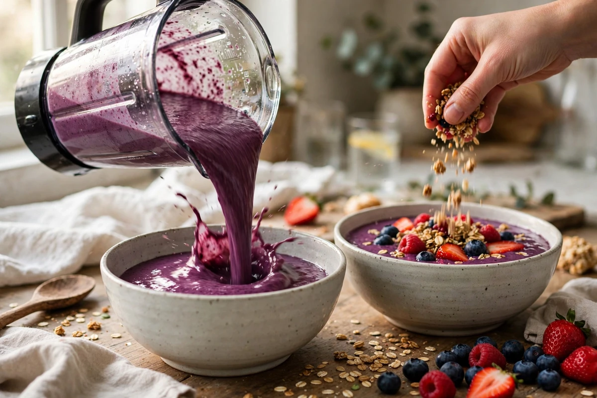 Thick purple smoothie base being poured from a blender into a wide bowl, showing a creamy spoonable consistency