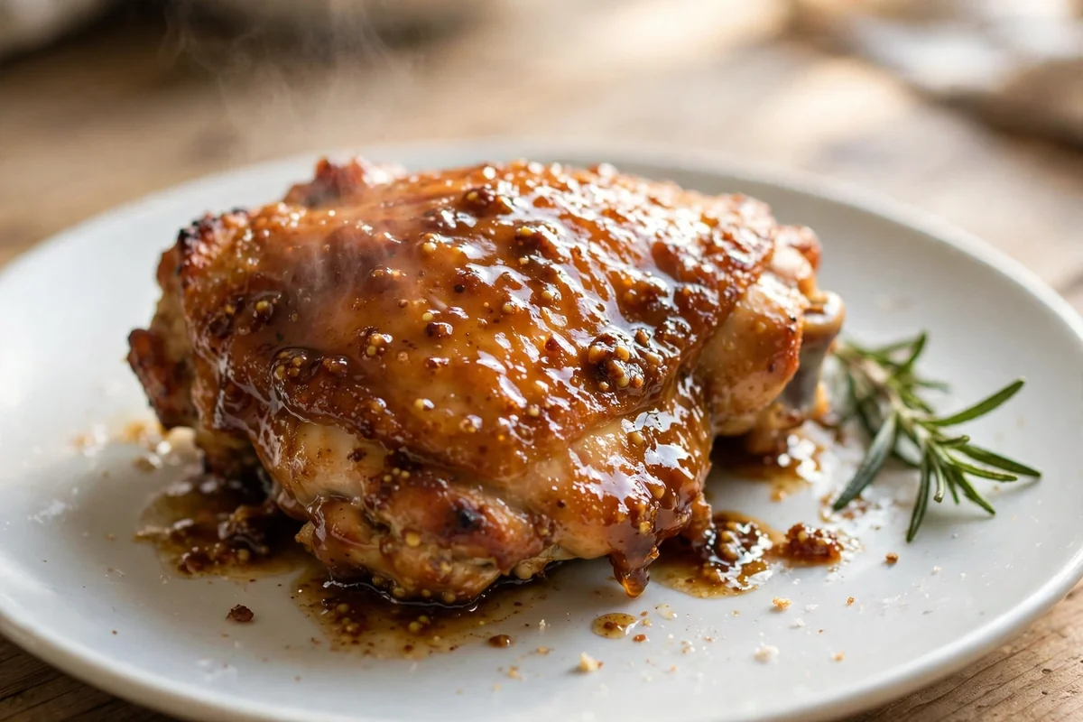 Close-up of a holy yum baked chicken thigh glistening with thickened Dijon maple glaze, rosemary sprig on top