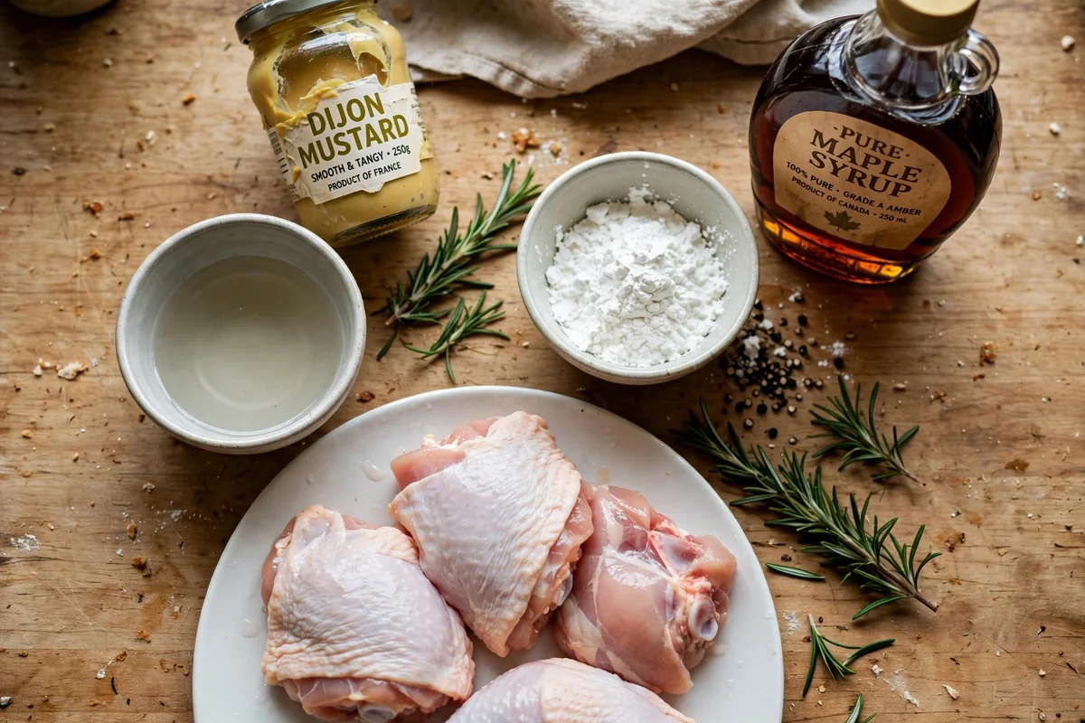 Ingredients for holy yum baked chicken: chicken thighs, Dijon mustard, maple syrup, rice wine vinegar, cornstarch, and fresh rosemary on a kitchen counter