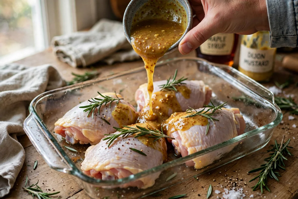 Chicken thighs baking in the Dijon maple sauce in a glass baking dish, rosemary on top, sauce bubbling