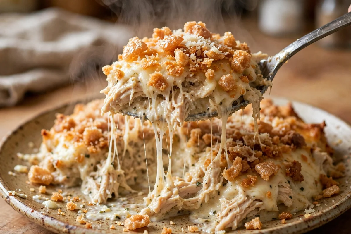 Close-up of keto million dollar chicken casserole with melted cheese
