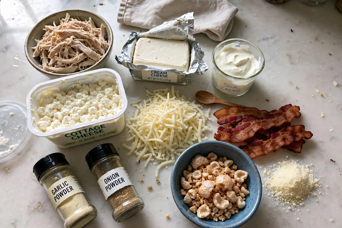 Ingredients for keto million dollar chicken casserole on a kitchen counter