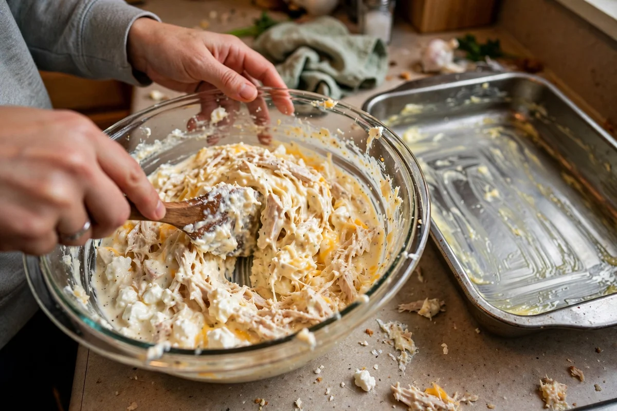 Hands mixing the creamy chicken filling in a large bowl