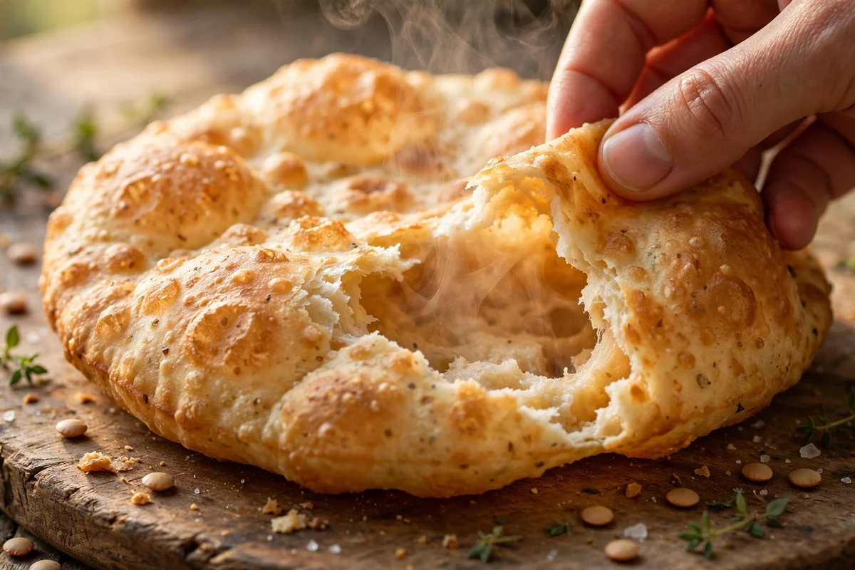 Close-up of a golden puffed lentil balloon flatbread with a hollow pocket