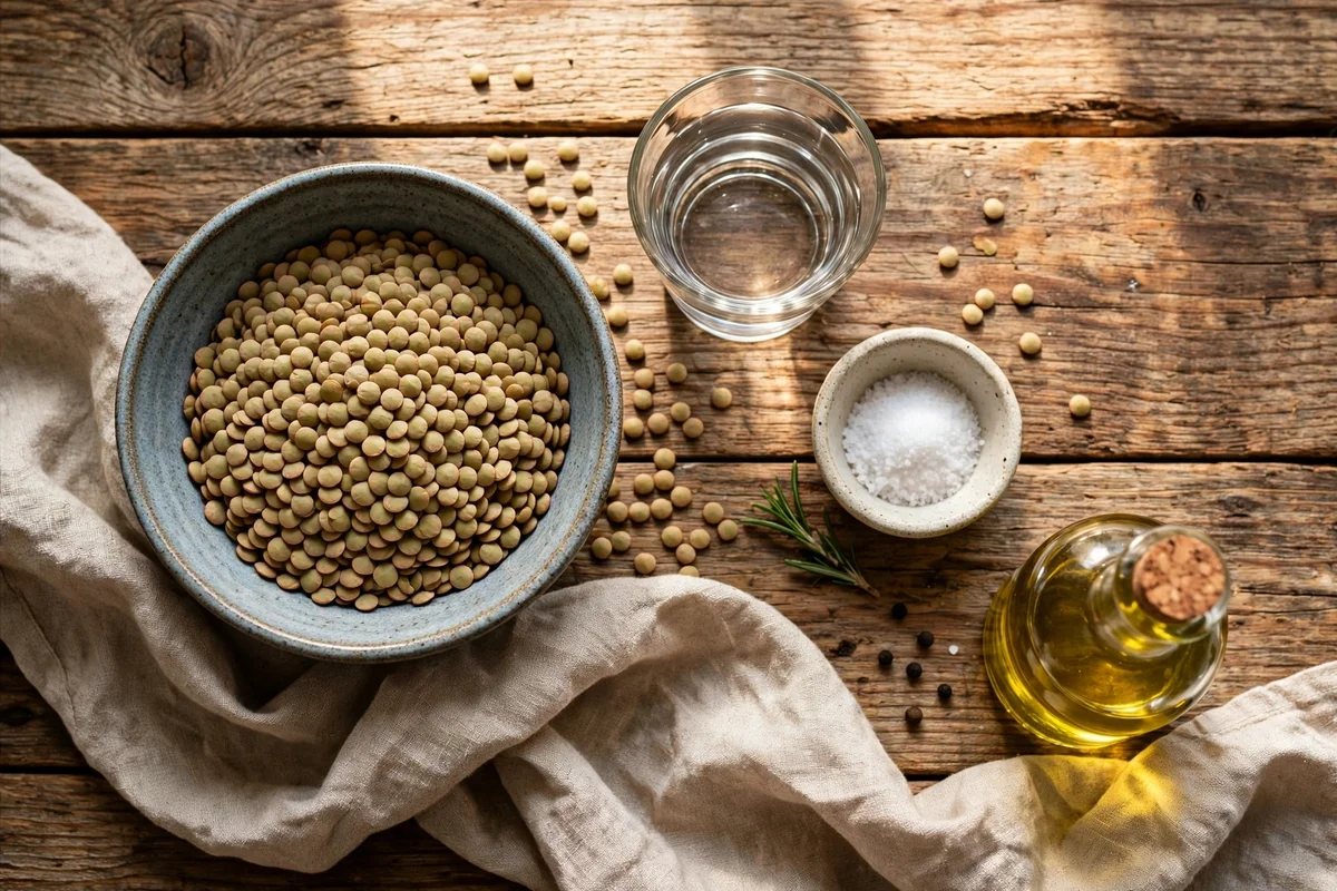 Ingredients for viral lentil balloon flatbread: dry green lentils, water, and salt on a kitchen counter