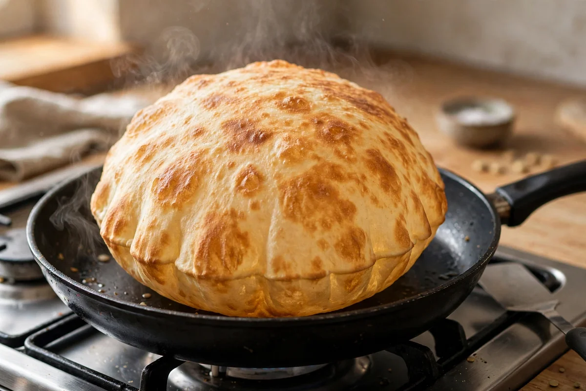 Lentil flatbread puffing up like a balloon in a hot non-stick skillet