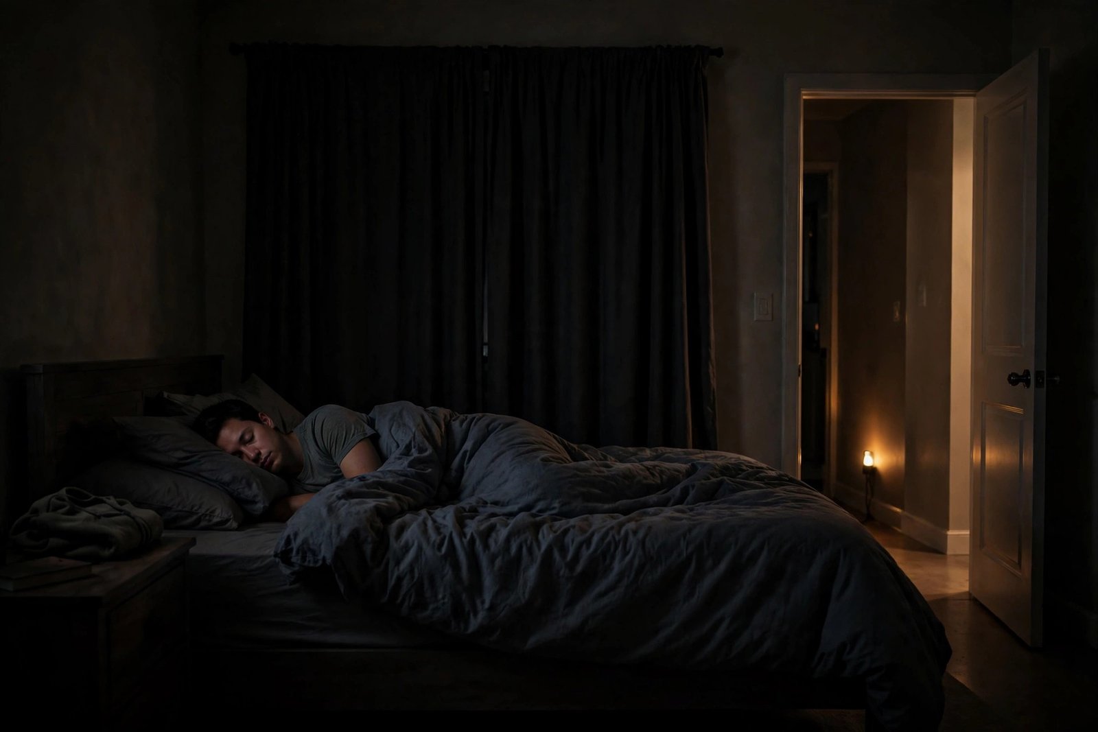 Simple ways to make a bedroom darker for better sleep, such as blackout curtains and a sleep mask