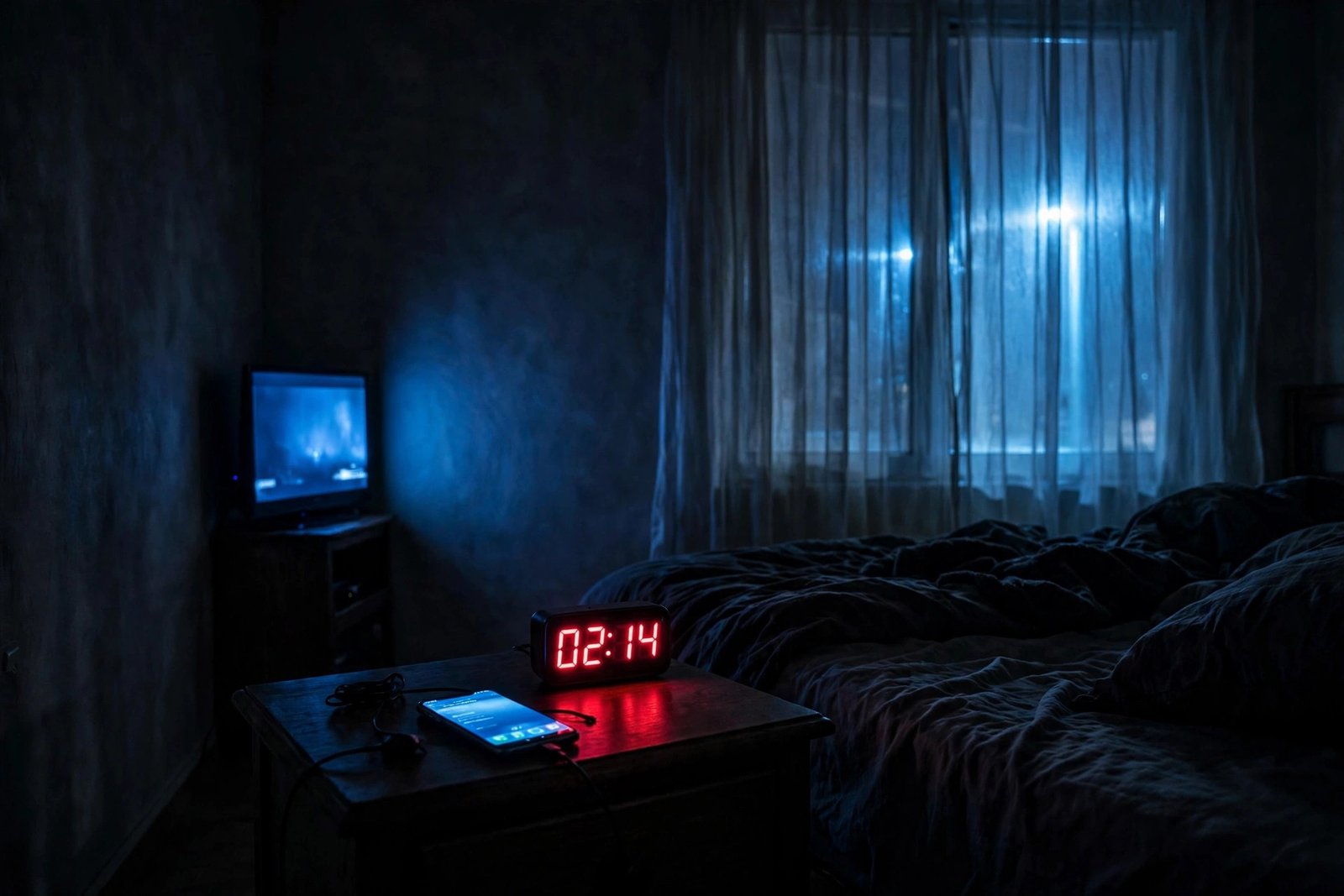 Common sources of light at night in a bedroom, including a glowing phone, TV, alarm clock and charger LEDs