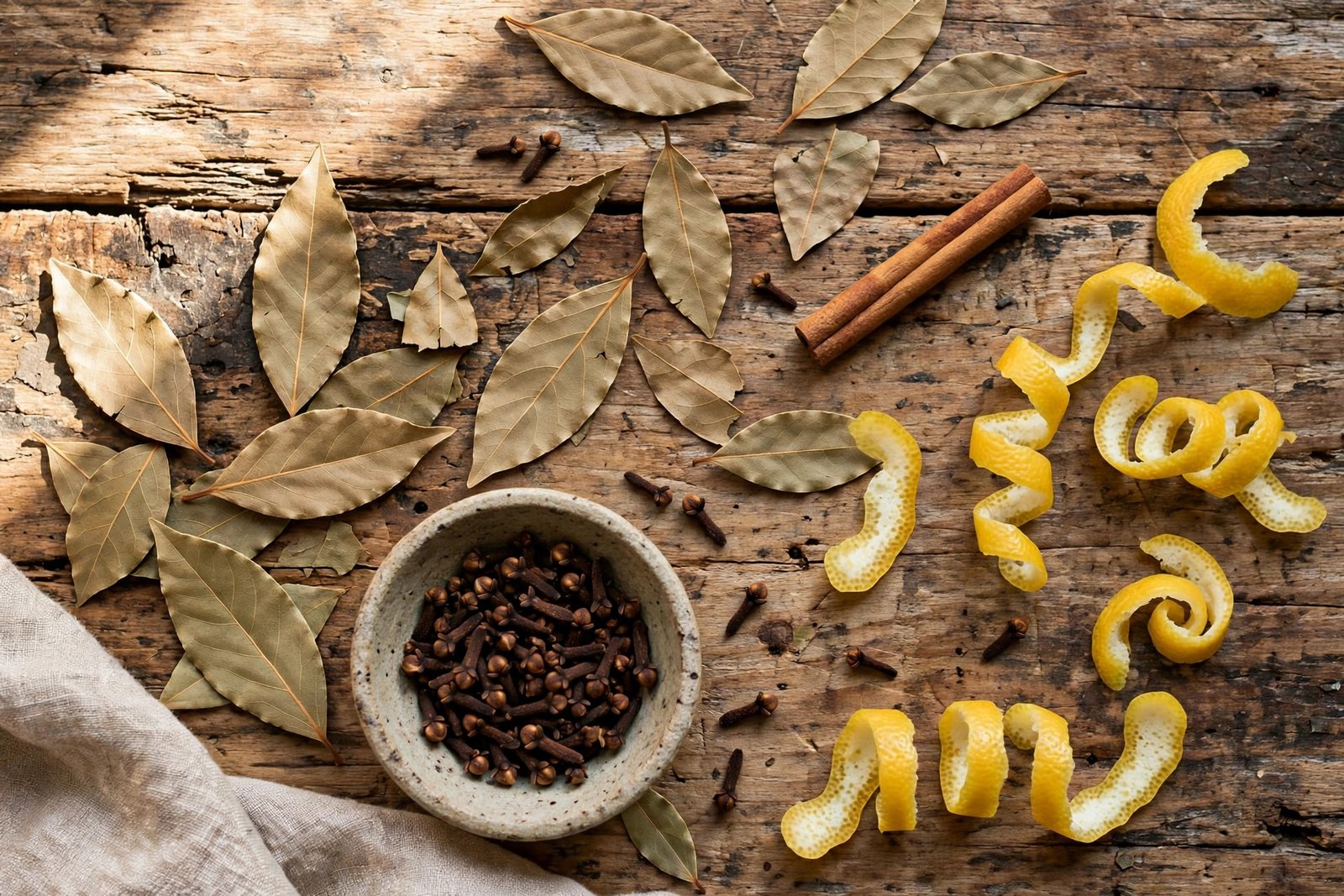 Ingredients for bay leaf bug-repellent water: dried bay leaves, cinnamon, cloves and lemon peel