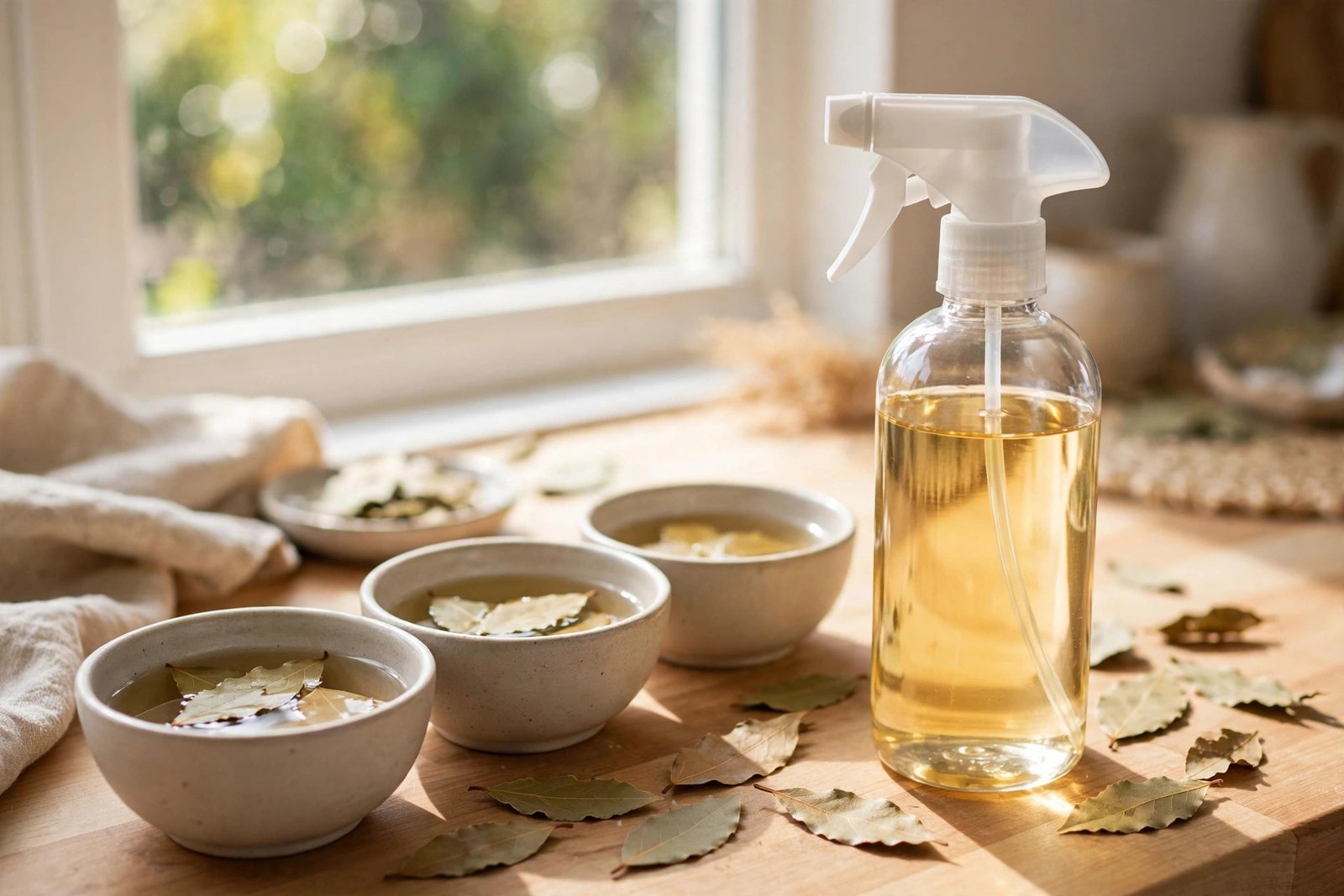 Spray bottle of bay leaf water with small bowls of infusion