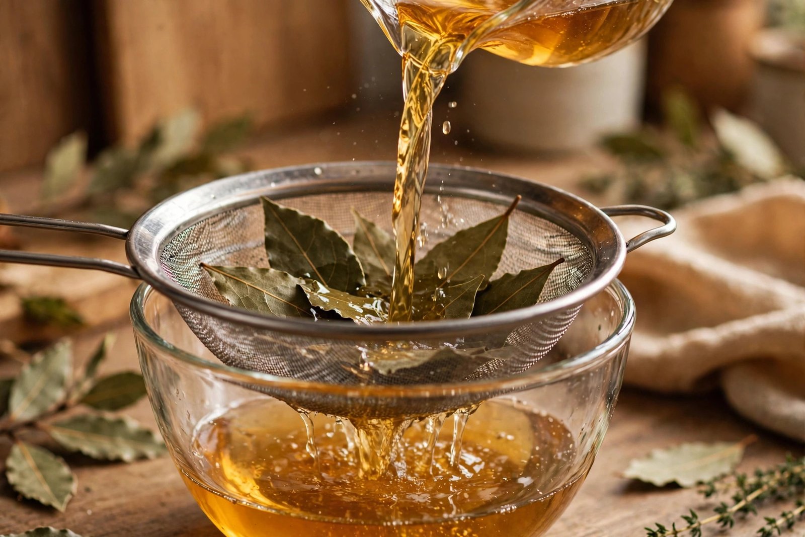 Straining the bay leaf infusion through a fine-mesh strainer