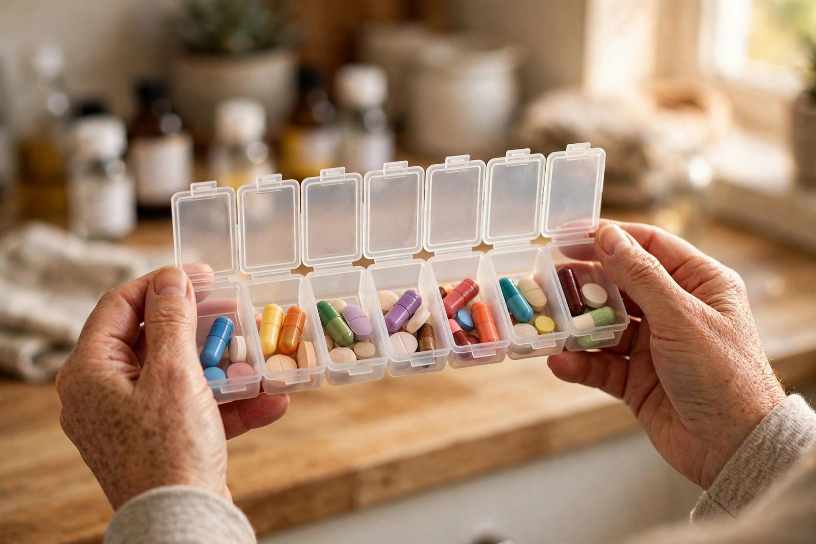 Hands holding a weekly pill organizer