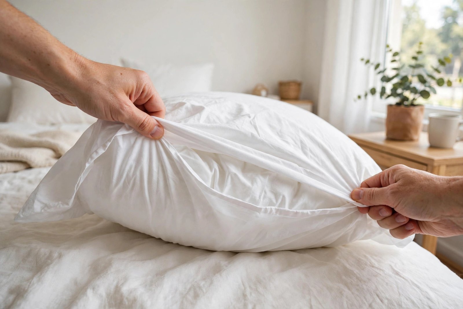 Hands putting a fresh case on a pillow