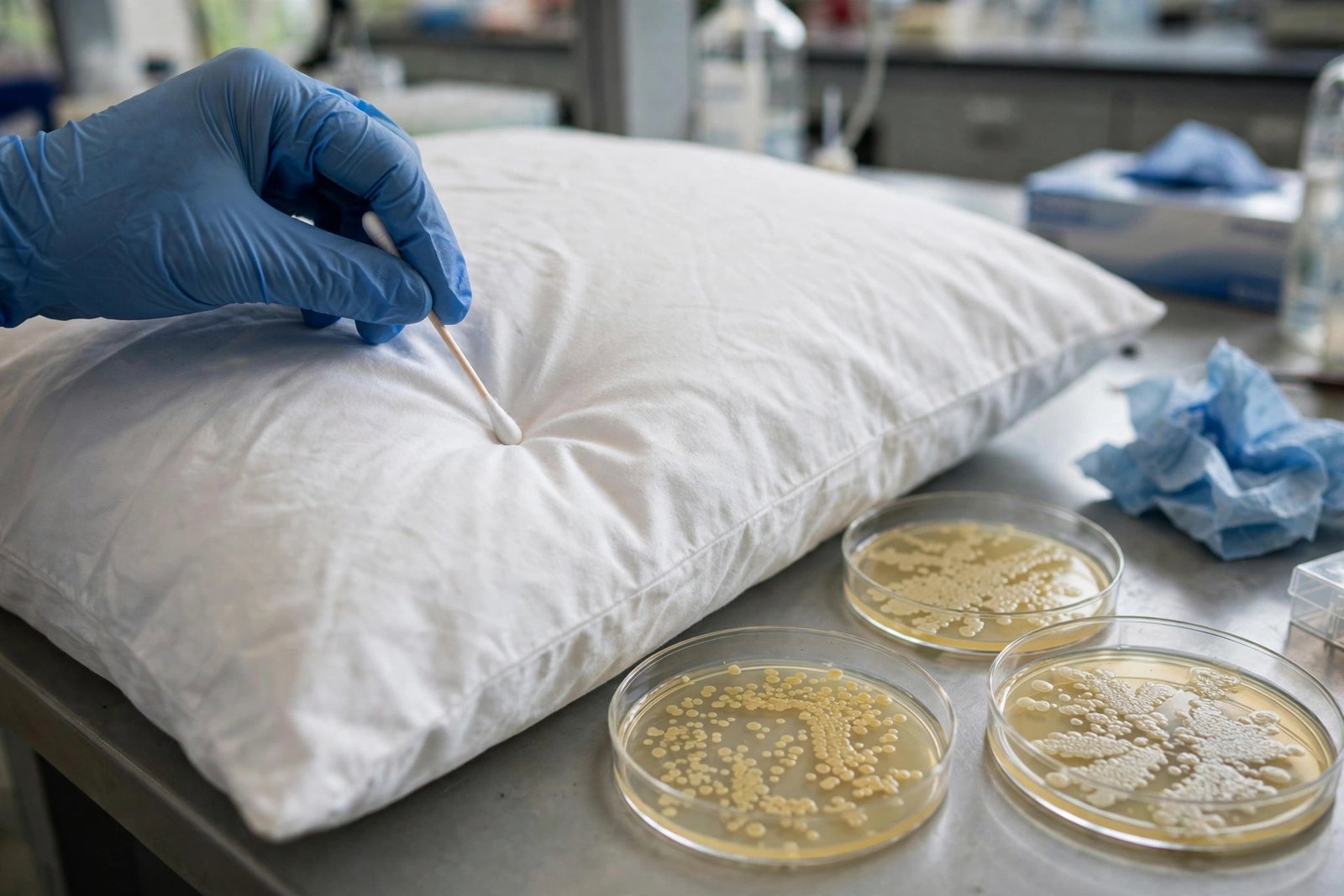 Gloved hand swabbing a pillowcase in a lab
