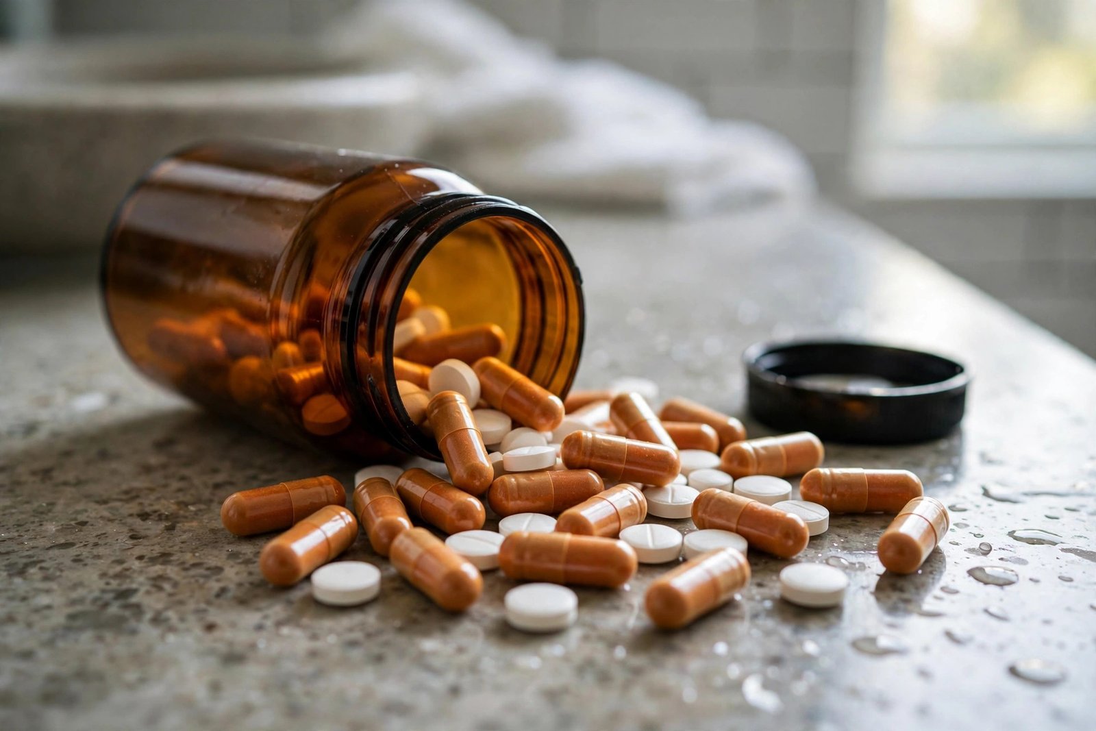 Close-up of pills spilling from a bottle