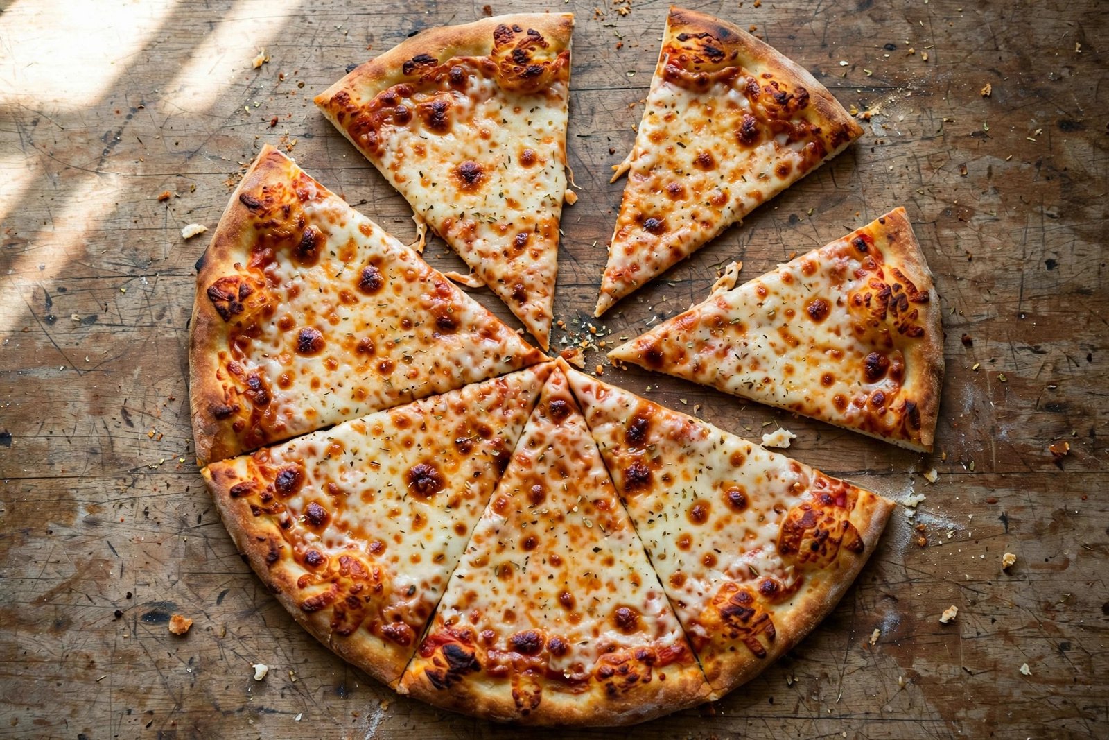 Overhead view of a whole cheese pizza