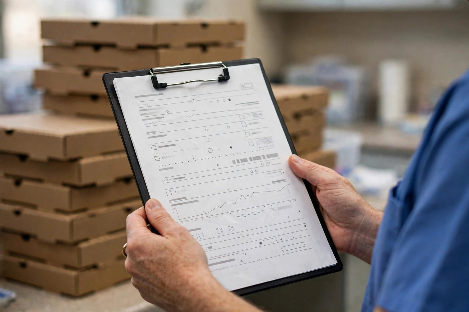 Doctor's hands holding a clipboard with pizza boxes blurred in the background
