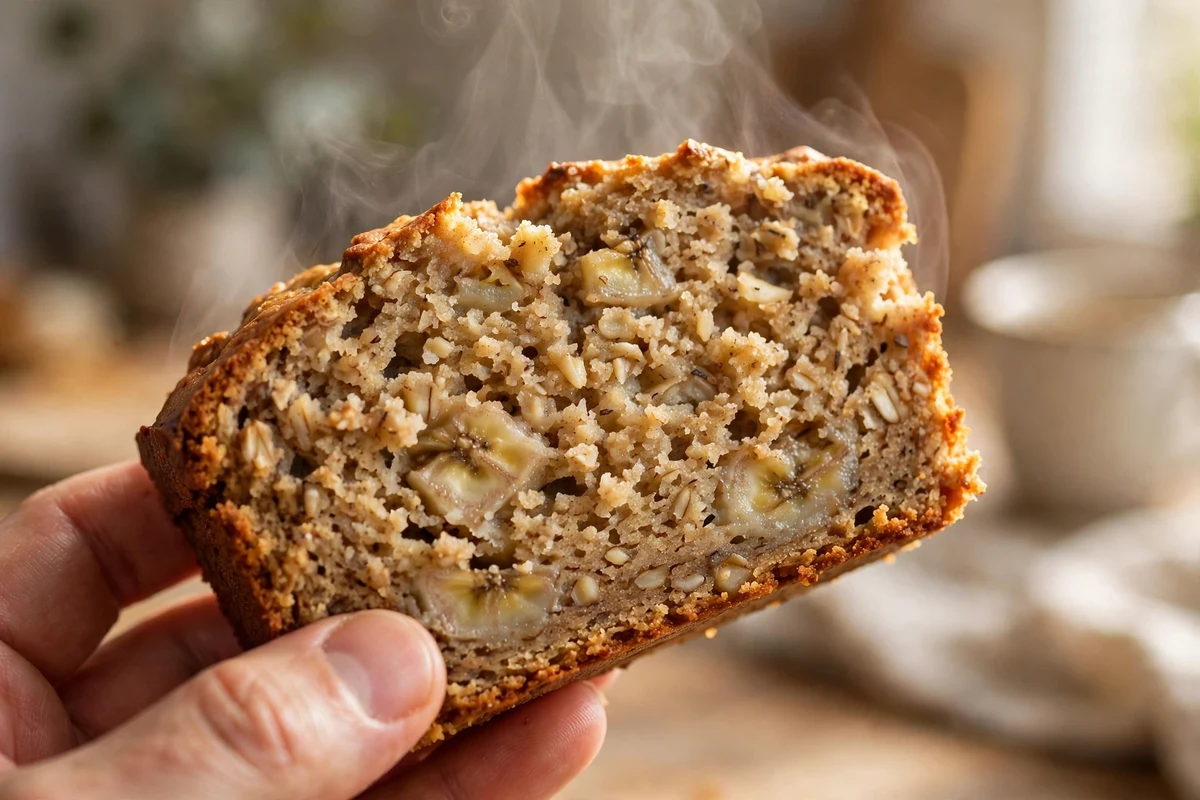 Close-up of a warm slice of high-protein banana bread showing a moist tender crumb