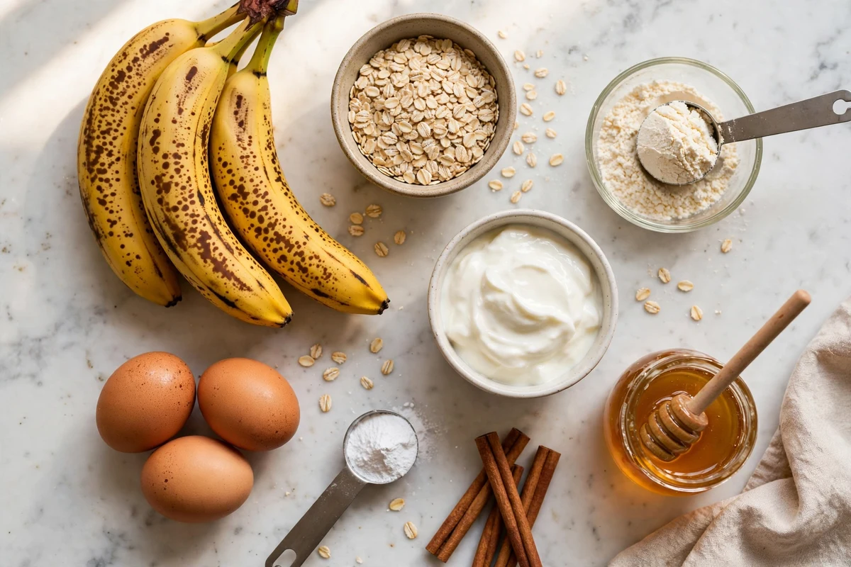 Flatlay of ingredients for high-protein banana bread: ripe bananas, oats, protein powder, Greek yogurt, eggs, cinnamon and honey