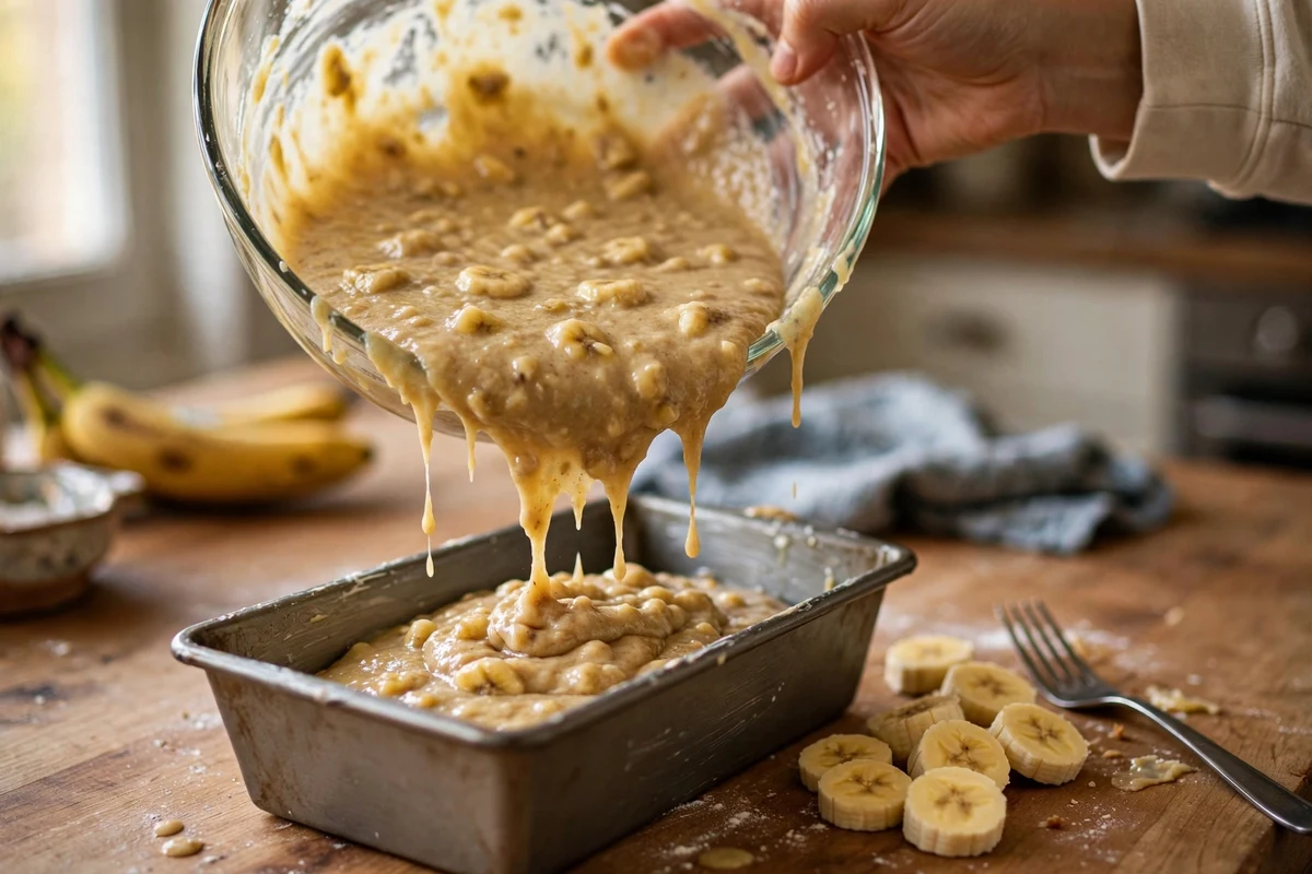 Pouring thick high-protein banana bread batter from a mixing bowl into a greased loaf pan
