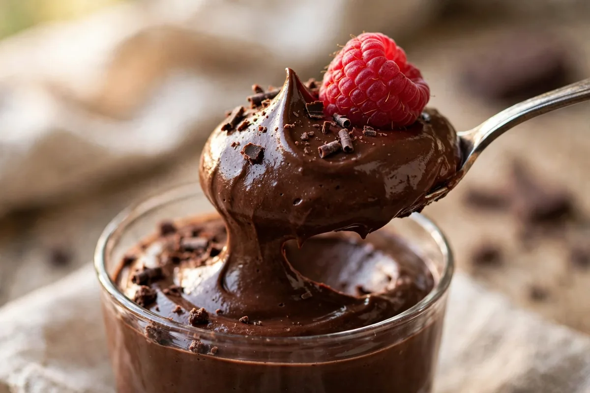Close-up of silky high-protein chocolate mousse topped with raspberries