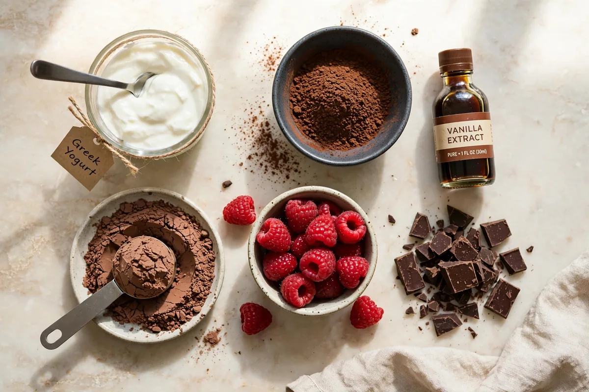 Ingredients for high-protein chocolate mousse: Greek yogurt, cocoa powder, chocolate protein powder and berries