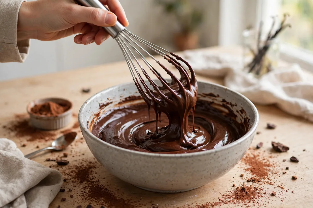 Whisking chocolate mousse mixture until thick and glossy