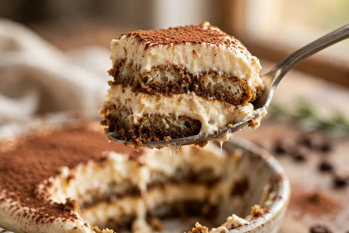Close-up of high-protein tiramisu with cocoa dusting and creamy layers