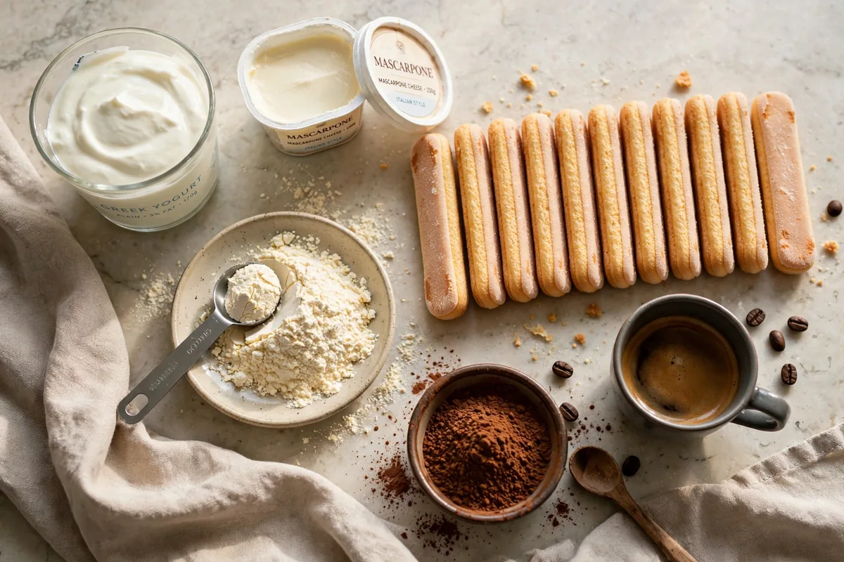 Ingredients for high-protein tiramisu: Greek yogurt, mascarpone, espresso, ladyfingers and cocoa