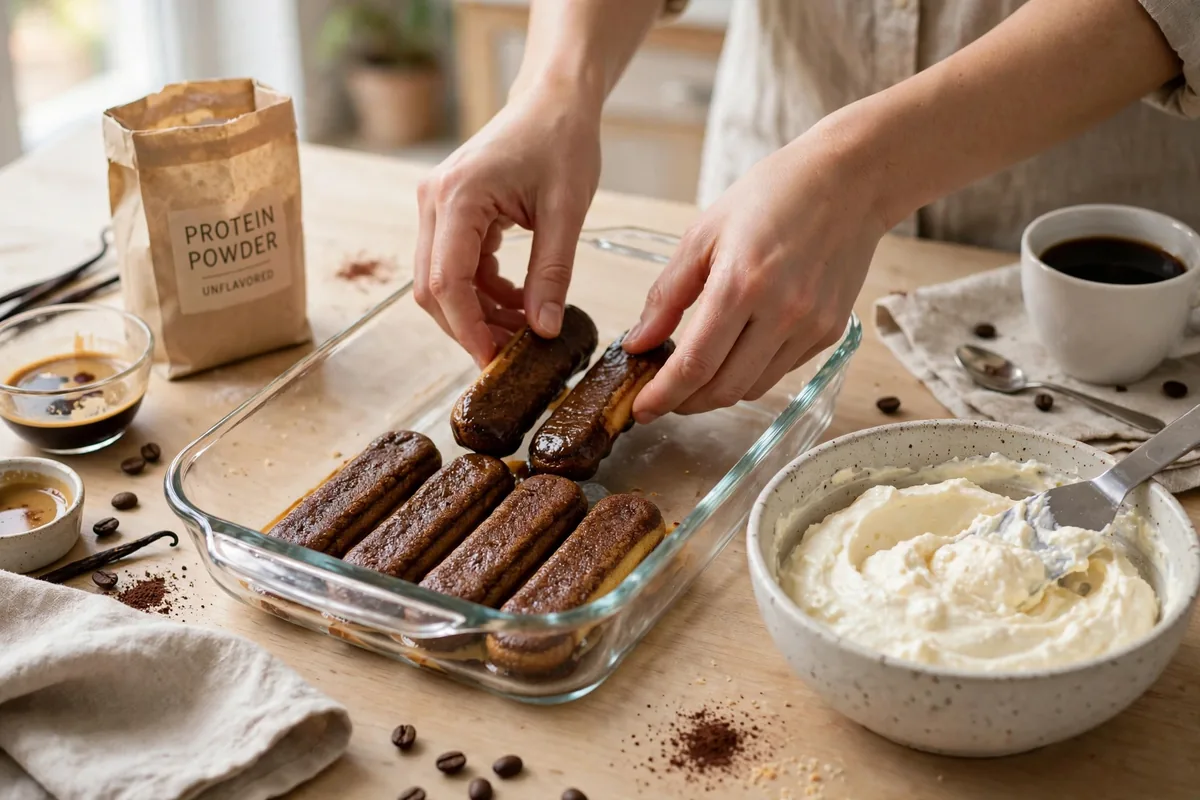 Layering espresso-dipped ladyfingers with protein cream in a glass dish