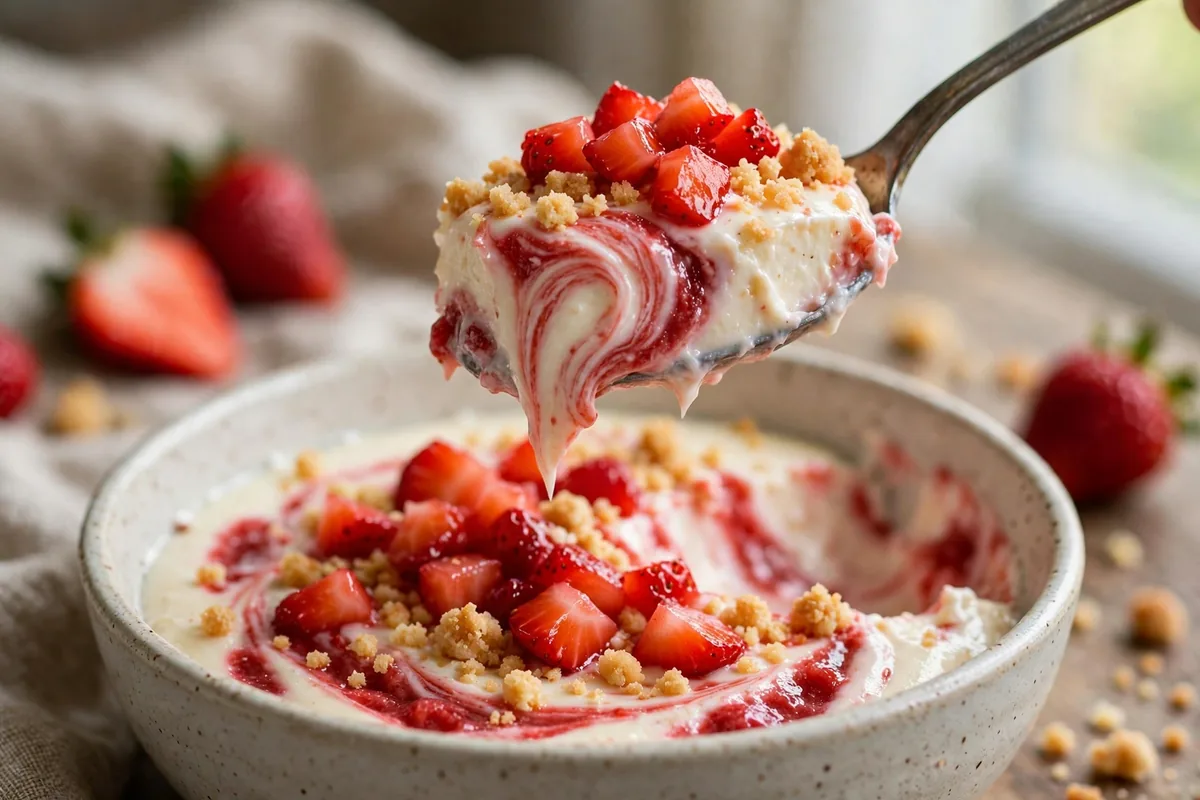 Close-up of high-protein strawberry cheesecake bowl with creamy texture, strawberries and crumble