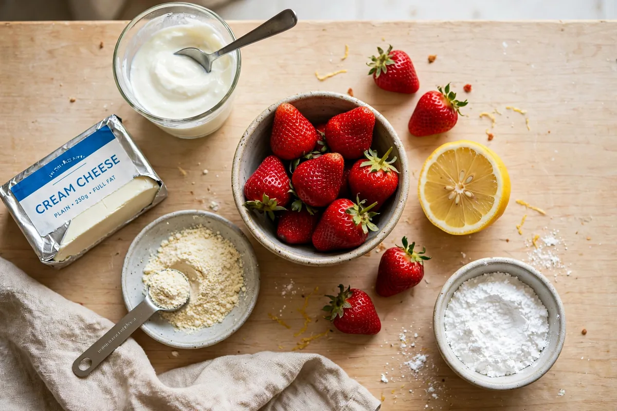 Ingredients for high-protein strawberry cheesecake bowl laid out on a kitchen counter