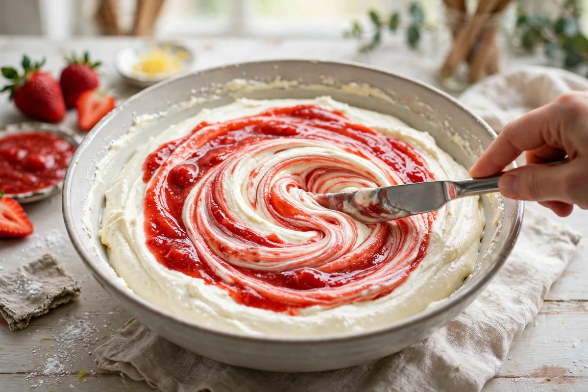 Creamy cheesecake mixture being swirled with fresh strawberry sauce