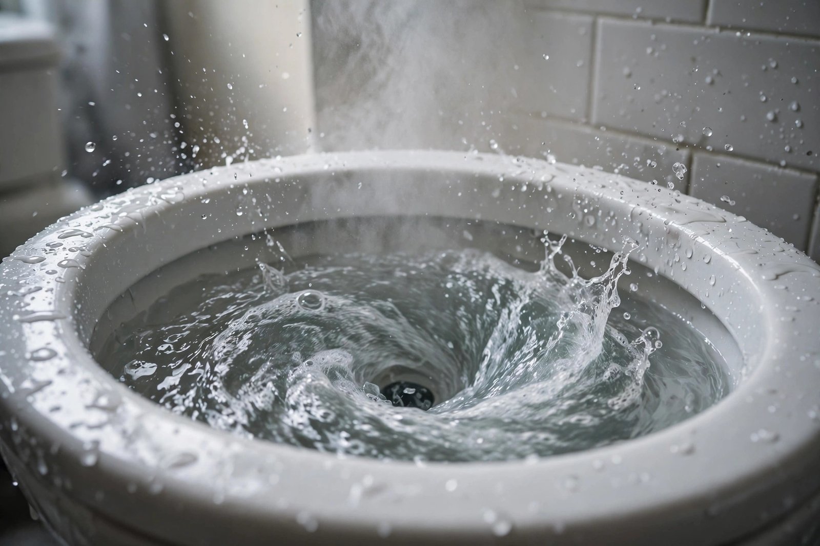Toilet mid-flush releasing a plume of droplets into the air