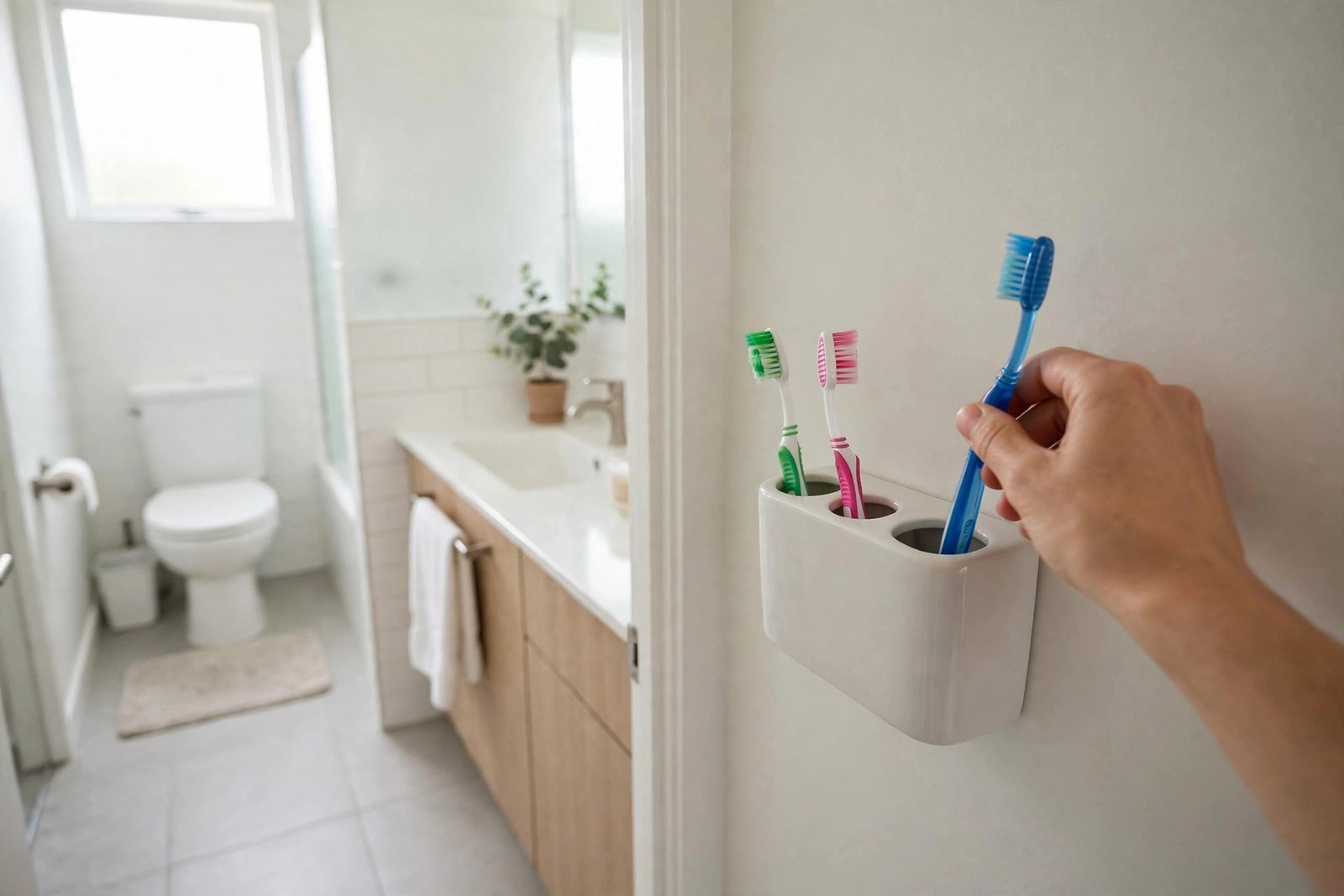 Hand placing a toothbrush in a holder far from the toilet