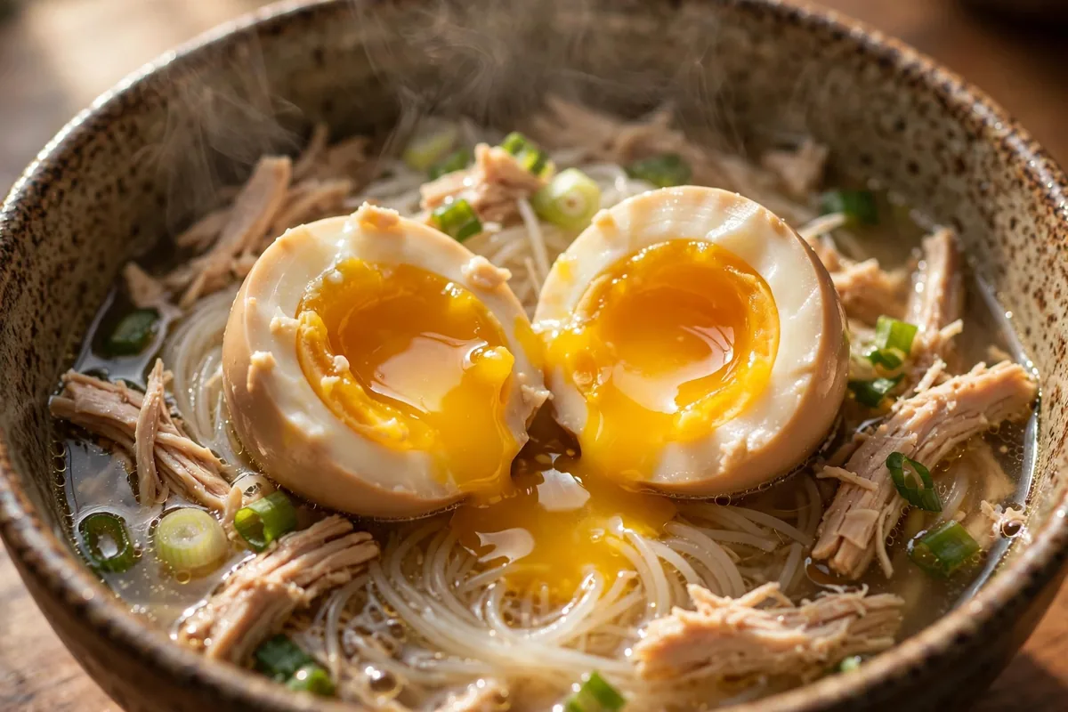 Close-up of a jammy egg with runny yolk over rice noodles in chicken broth