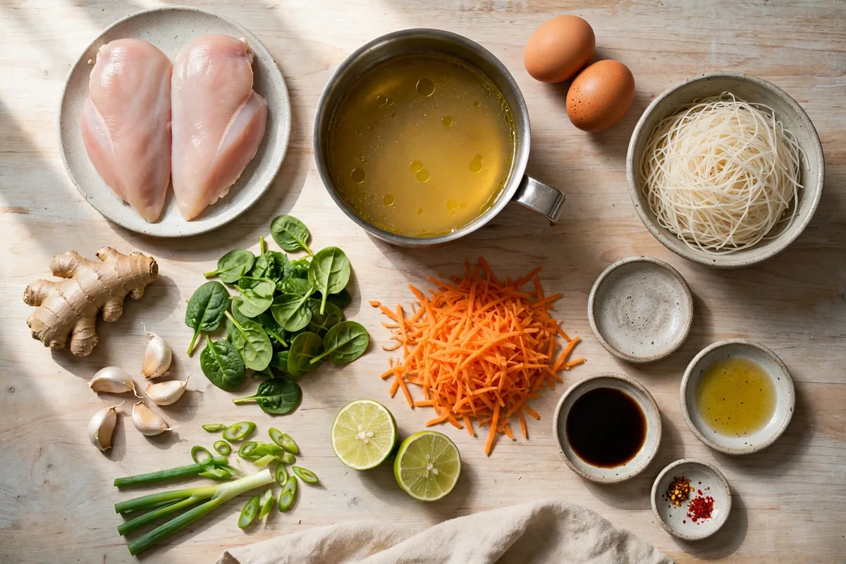 Ingredients for viral broth bowls arranged on a wooden counter