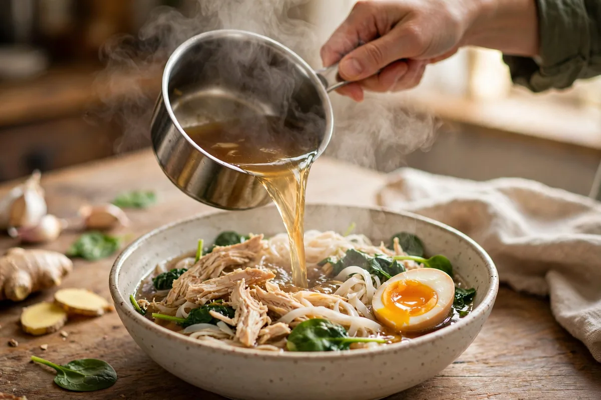 Pouring steaming ginger-garlic bone broth over noodles and chicken in a bowl