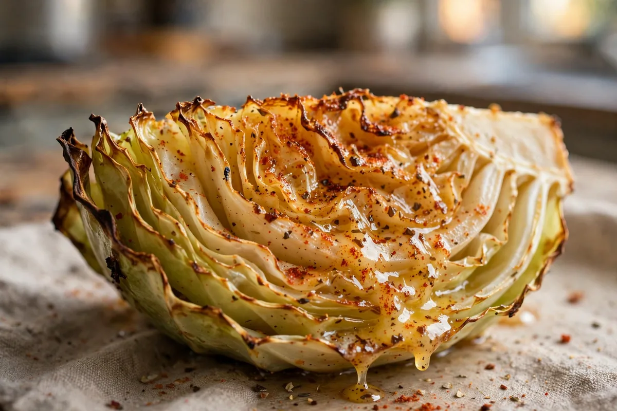 Close-up of a buttery Cajun cabbage boil wedge with glistening seasoned butter and caramelized edges